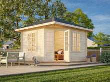 Load image into Gallery viewer, Natural Wooden 9x9 Cabin Aruba, Double Glass Doors, Two Double side Windows and Black Roof assembled in BackYard by WholeWoodCabins