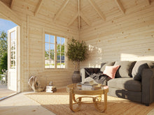 Load image into Gallery viewer, Natural Wooden 9x9 Cabin Aruba Inside View, Double Glass Doors are open, Back Yard Busches and Trees are visible and also Blue Sky, Two Double side Windows by WholeWoodCabins