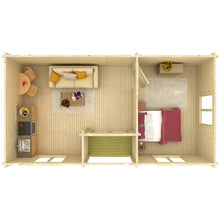 Load image into Gallery viewer, A 3D rendering of the interior of the Cabin New Zealand 343 Sq.ft, featuring a cozy layout with a living area, dining space, and bedroom. The wooden finishes create a warm, inviting atmosphere
