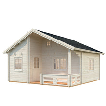 Load image into Gallery viewer, Another exterior angle of the Emily 400 cabin, highlighting the sloped roof and spacious wooden porch.