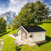 Load image into Gallery viewer, Exterior view of the Emily 400 cabin, showcasing its classic wooden design with a porch and multiple windows for natural light.