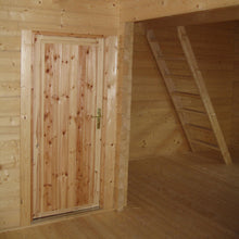 Load image into Gallery viewer, Interior detail of the Emily 400 cabin, featuring the wooden doorway and loft ladder leading to the upper area.