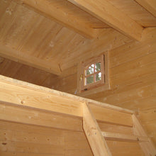 Load image into Gallery viewer, Loft area of the Emily 400 cabin with a small wooden window, highlighting the upper space's cozy and functional design.