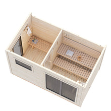 Load image into Gallery viewer, Top-down view of a modern sauna layout with a bench seating area, wooden bucket, and a changing room with a towel hook and small bench.
