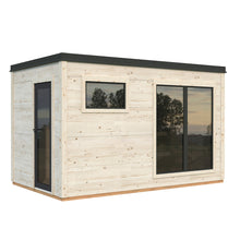 Load image into Gallery viewer, Modern light wood sauna with a flat black roof, vertical glass door, wide window, and sliding glass doors reflecting trees and sky.
