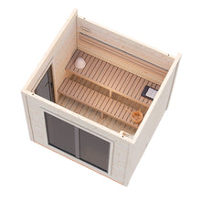 Load image into Gallery viewer, Top-down view of 6-person sauna with two-tier benches, bucket, hat, towel, and glass doors.