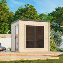 Load image into Gallery viewer, Modern outdoor sauna cabin on a wooden deck with large front window and side glass door.