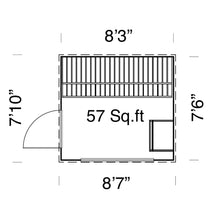 Load image into Gallery viewer, Floor plan of 6-person sauna showing 57 sq.ft. layout with benches and door positioning.