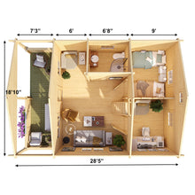Load image into Gallery viewer, Tiny House or Cabin Mountaineer With Terrace and Loft First Floor Elevation with Furniture, Kitchen Cabinets and Terrace Furniture and with measurements in feets by WholeWoodCabins