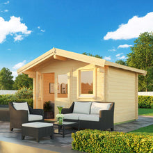 Load image into Gallery viewer, Whole Wood Natural Wood Color Cabin Tyrol in BackYard by WholeWoodCabins