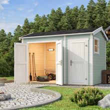 Load image into Gallery viewer, DIY KIT Back Yard WorkShop and Shed painted Light Green by WholeWodCabins