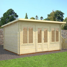 Load image into Gallery viewer, Two Double Window and Double Door Natural Wood Color Solid Wood Home Office or Backyard Cabin 13x10 Pittsburgh Installed Next to Stone Wall by WholeWoodCabins