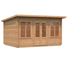 Load image into Gallery viewer, Two Double Window and Double Door Brown Color Solid Wood Home Office or Backyard Cabin 13x10 Pittsburgh with Window Cross Trims on White BackGround by WholeWoodCabins