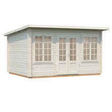 Load image into Gallery viewer, Two Double Window and Double Door Natural Wood Color Solid Wood Home Office or Backyard Cabin 13x10 Pittsburgh with Window Cross Trims on White BackGround by WholeWoodCabins