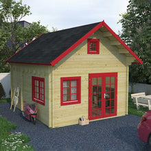 Load image into Gallery viewer, Natural Wood Color Walls and Black Roof with Red Window and Door Trim 10x13 Bunkie Assembled on Backyard Dark Blue Gravel, by WholeWoodCabins
