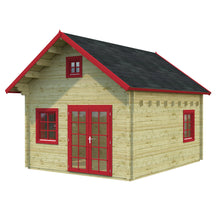 Load image into Gallery viewer, Natural Wood Color Walls and Black Roof with Red Window and Door Trim 10x13 Bunkie On White BackGround by WholeWoodCabins