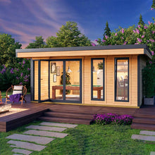 Load image into Gallery viewer, Modern Looking BackYard Cabin 13x17 Tampa I Natural Wood Color Wooden Walls I Black Window And Door Trims I At The Night by WholeWoodCabins