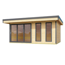 Load image into Gallery viewer, Modern Looking BackYard Cabin 13x17 Tampa I Natural Wood Color Wooden Walls I Black Window And Door Trims On White BackGround by WholeWoodCabins