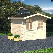 Load image into Gallery viewer, Natural Wood Color DIY Cabin Kit 8x7 Fenway, One Door And One Window and Black Shingle Roof, Assembled in the Backyard, By the Trees by WholeWoodCabins.
