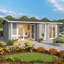 Load image into Gallery viewer, Wooden Backyard Cabin 17x13 Breckenridge With Light Gary Color walls, Big Glass Windows and Black Roof Assembled in the Backyard by WholeWoodCabins