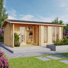 Load image into Gallery viewer, Wooden Backyard Cabin 17x13 Breckenridge With Natural Color walls, Big Glass Windows and Black Roof Assembled in the Backyard by WholeWoodCabins