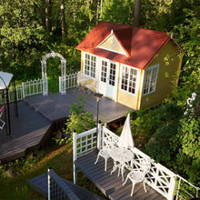 Load image into Gallery viewer, Photo Of 10x13 Back Yard Cabin Glendale With Red Roof, Yellow Walls, White Window trims, on the Terrace With White Metall Gate and Railings by WholeWoodCabins