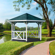 Load image into Gallery viewer, White Color And With Black Roof Shingles Gazebo Keystone Next to Pond by WholeWoodCabins