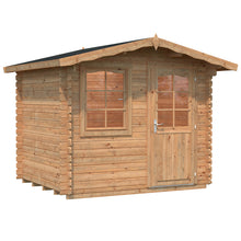 Load image into Gallery viewer, Brown Color DIY Cabin Kit 8x7 Fenway, One Door And One Window and Black Shingle Roof On White Background by WholeWoodCabins