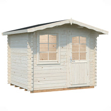 Load image into Gallery viewer, Natural Wood Color DIY Cabin Kit 8x7 Fenway, One Door And One Window and Black Shingle Roof On White Background by WholeWoodCabins