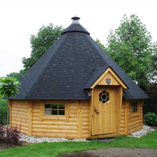 Load image into Gallery viewer, Whole Wood Natural Wood Color 10 Corners BBQ Hut With Conical Roof Assembled  on Back Yard  by WholeWoodCabins
