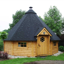 Load image into Gallery viewer, Whole Wood Natural Wood Color 10 Corners BBQ Hut With Conical Roof Assembled on Back Yard by WholeWoodCabins