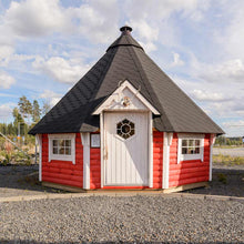 Load image into Gallery viewer, Red Color Walls, White Door and With Black Roof Wooden BBQ Hut by WholeWoodCabins