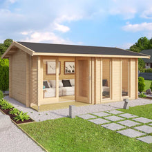 Load image into Gallery viewer, Wooden Cabin With Tall Windows and Double Glass Door Assembled on Back Yard by WholeWoodCabins