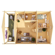 Load image into Gallery viewer, Tiny House or Cabin Mountaineer With Terrace and Loft First Floor Elevation with Furniture, Kitchen Cabinets and Terrace Furniture by WholeWoodCabins