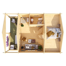 Load image into Gallery viewer, Tiny House or Cabin Mountaineer With Terrace and Loft, Top View With Loft Sleeping Area, Furniture, Kitchen Cabinets and Patio Furniture by WholeWoodCabins