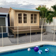 Load image into Gallery viewer, Natural Color Wooden 8x10 Pool House Concord next to Pool by Whole Wood Cabins