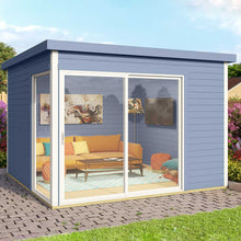 Load image into Gallery viewer, DIY KIT Blue With White Trims, Flat Roof and Big Corner Windows Natural Wood Backyard Cabin and Home Office 10 x 10 Tampa in the Back Yard by WholeWoodCabins