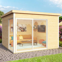 Load image into Gallery viewer, Modern Flat Roof and with  Big Corner Windows Natural Wood Backyard Cabin and Home Office Tampa in the Garden by WholeWoodCabins
