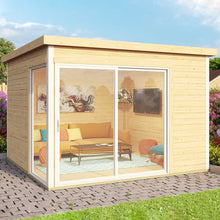 Load image into Gallery viewer, Modern Flat Roof and with  Big Corner Windows Natural Wood Backyard Cabin and Home Office Tampa in the Garden by WholeWoodCabins