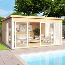 Load image into Gallery viewer, Modern Natural Wooden Backyard Cabin Tampa With Big Sliding Glass doors and Windows Next to Swimming Pool