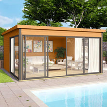 Load image into Gallery viewer, Modern Brown Color Wooden Cabin Tampa next to Swimming Pool