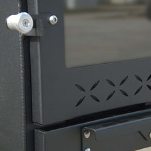 Load image into Gallery viewer, Wood Fired Hottub Glass Door Fireplace Close View by WholeWoodCabins