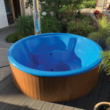 Load image into Gallery viewer, Wood Fired Blue Color Hottub on the BackYard Terrace Close View by WholeWoodCabins