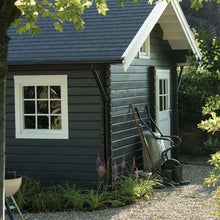 Load image into Gallery viewer, Black Cabin and Black shingle roof with white roof, door and window trims