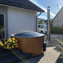 Load image into Gallery viewer, Wood Fired Hottub With Gray Cover by WholeWoodCabins