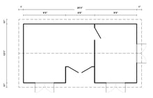 Load image into Gallery viewer, A detailed floor plan of the Cabin New Zealand 343 Sq.ft, showcasing the layout with clear room dimensions, including living spaces, doorways, and entry points. The plan highlights a well-thought-out design for functionality and comfort.
