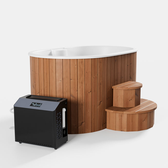 Cold plunge tub with chiller unit and wooden steps – perfect for outdoor recovery, wellness, and cold therapy use