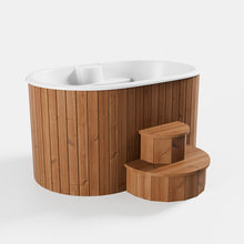Load image into Gallery viewer, Two-person wooden cold plunge tub with built-in seat and steps – ideal for natural cold water therapy and outdoor use.
