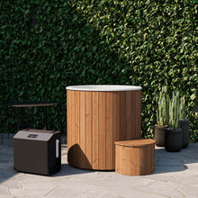 Load image into Gallery viewer, Outdoor wooden cold plunge tub with step and chiller, perfect for backyard spa or wellness setup
