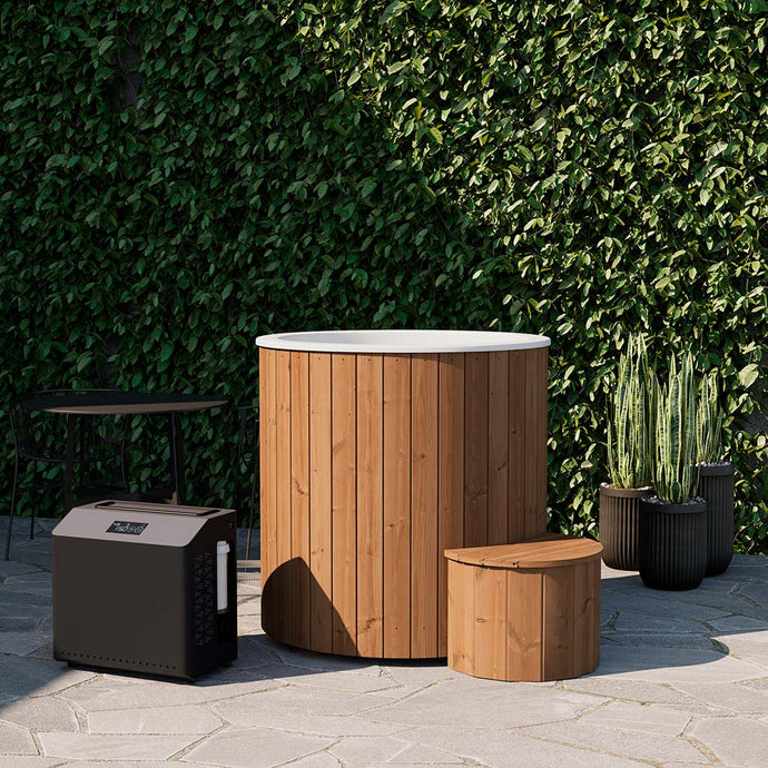 Outdoor wooden cold plunge tub with step and chiller, perfect for backyard spa or wellness setup